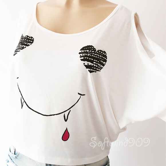 White Graphic Cutout Cold Shoulder Cute Crop Top - Picture 2 of 8